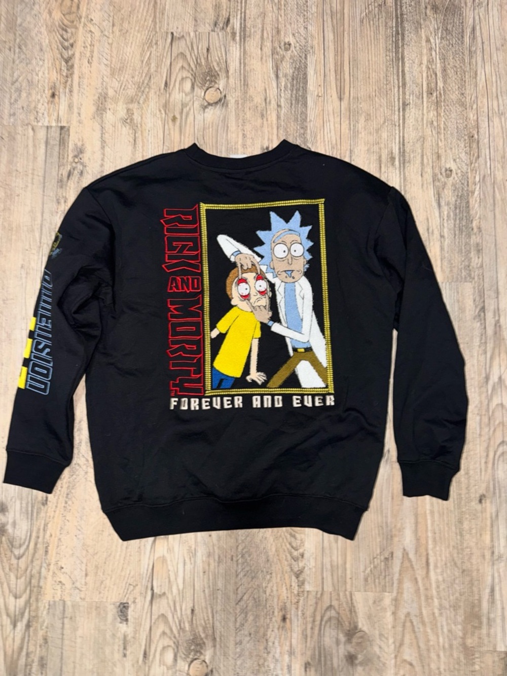 Embroidered-Patchwork Rick and Morty Black Graphic Crewneck Sweater